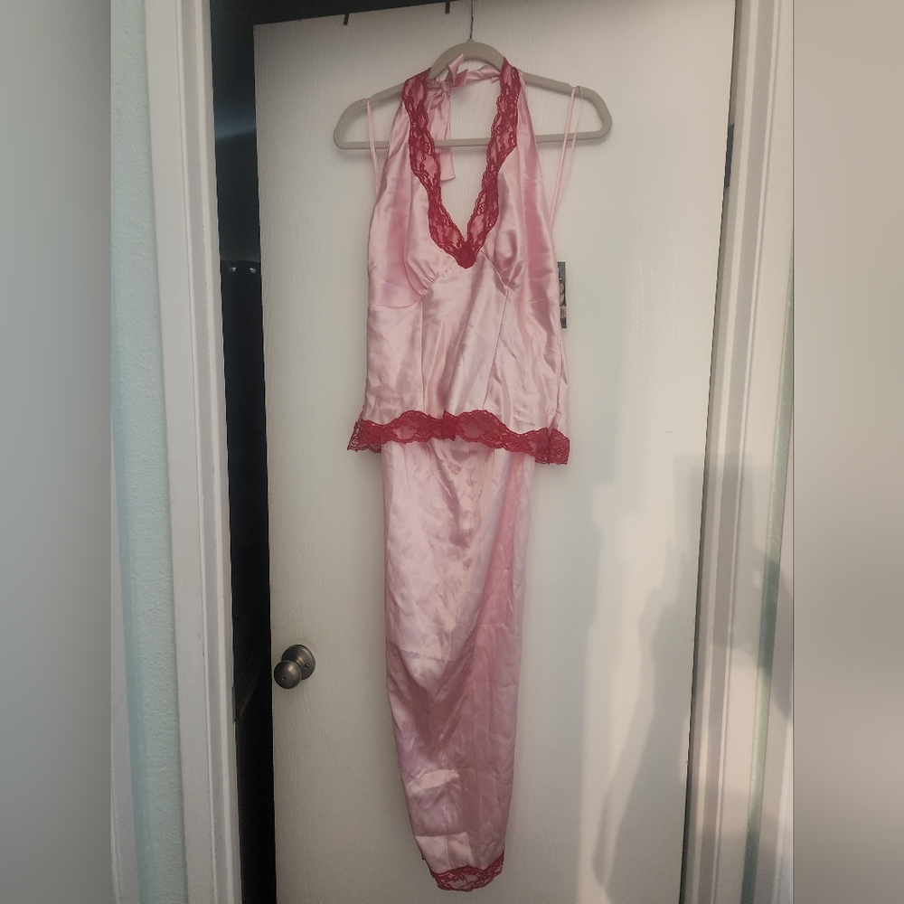 Pink Satin Chemise and Pant Set with Red Lace Trim